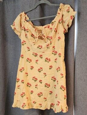 Urban Outfitters Cherry Print Smocked Mini Dress Yellow M Babydoll Y2K